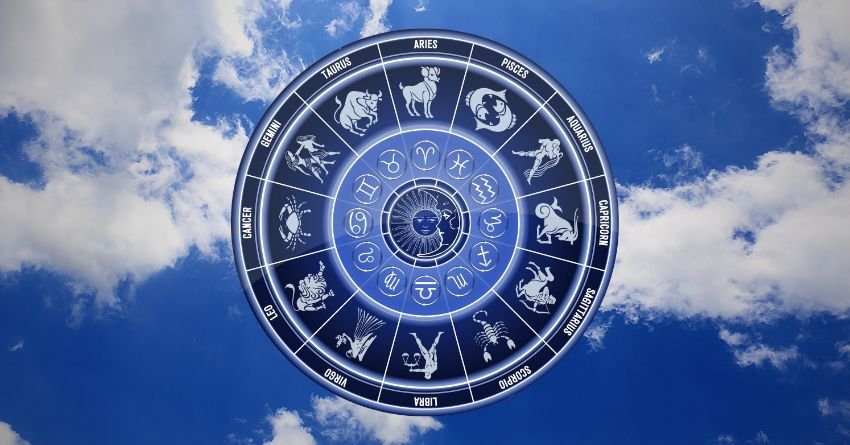Zodiac wheel with the twelve zodiac signs against a blue sky with clouds