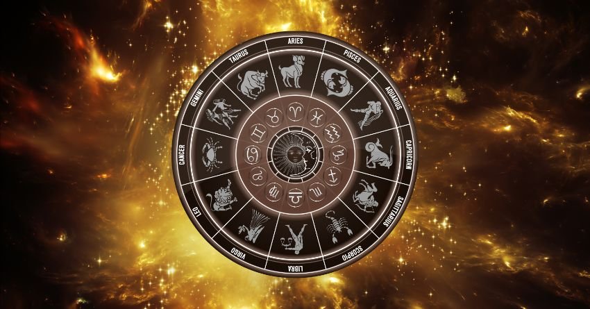 Zodiac wheel surrounded by glowing cosmic light and stars