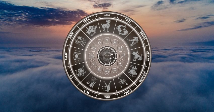 Astrology zodiac wheel in the sky with clouds
