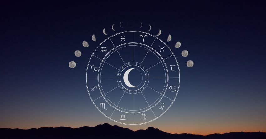 Crescent moon surrounded by zodiac symbols against a dark twilight sky