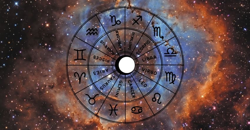 Blue zodiac wheel surrounded by swirling brown and orange cosmic clouds