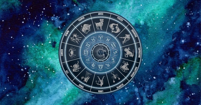 Zodiac wheel surrounded by stars and cosmic colors in a mystical astrology background