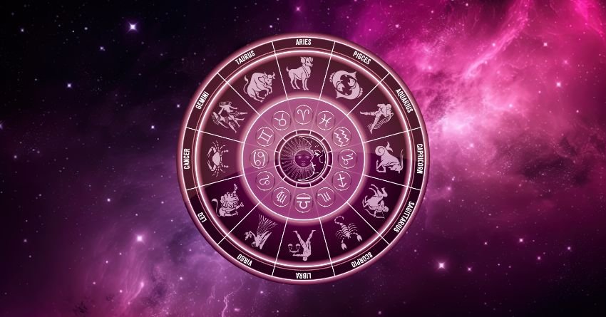 Astrology zodiac wheel against a mystical purple and pink galaxy background