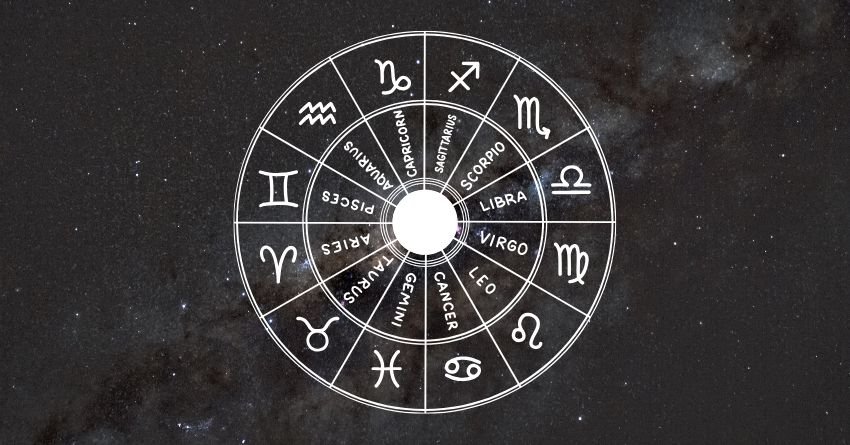 Zodiac wheel with all twelve zodiac signs on a dark mystical background