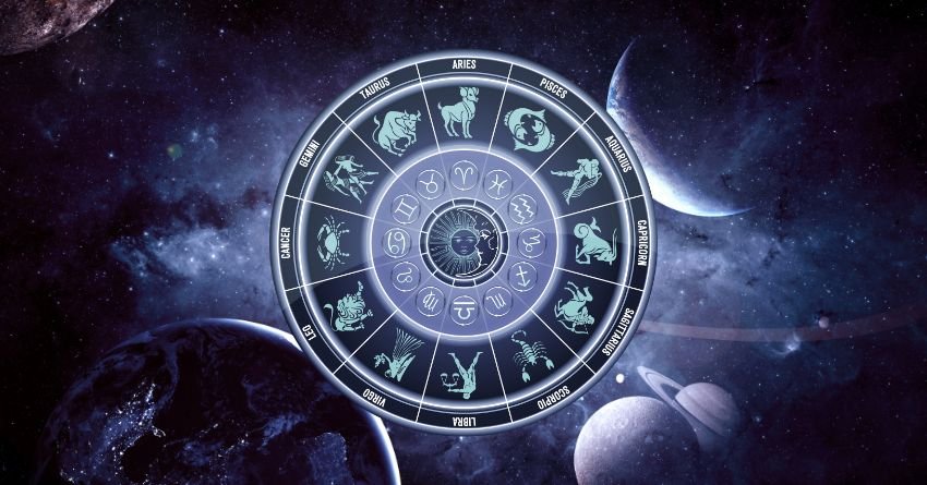 Zodiac wheel surrounded by stars and cosmic light, representing astrology and the zodiac signs.