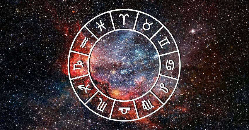 Zodiac wheel with all twelve zodiac signs against a cosmic starry background