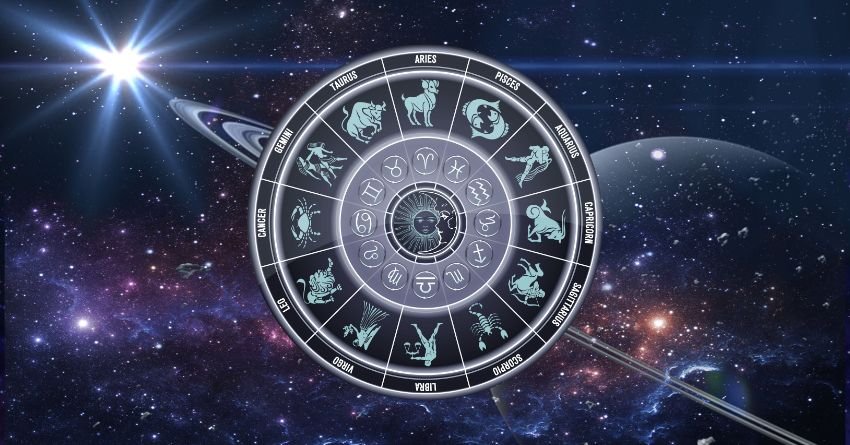 Zodiac wheel surrounded by stars and cosmic light in space