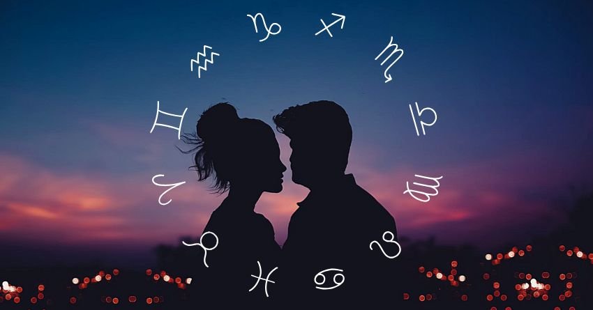 Love horoscope for this week showing a couple embracing under a starry zodiac sky