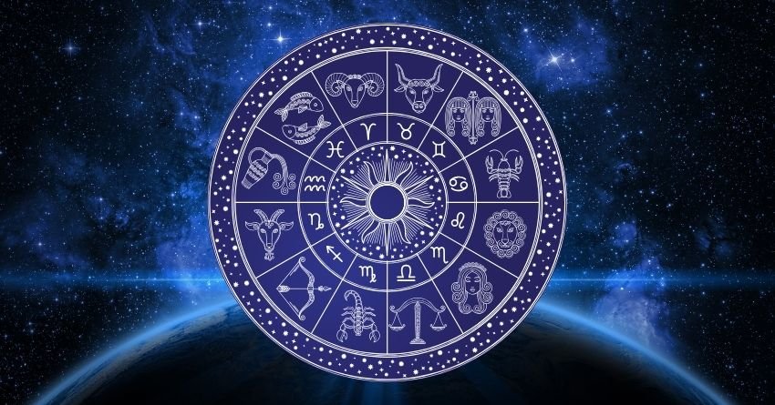 Zodiac wheel against a mystical starry sky background