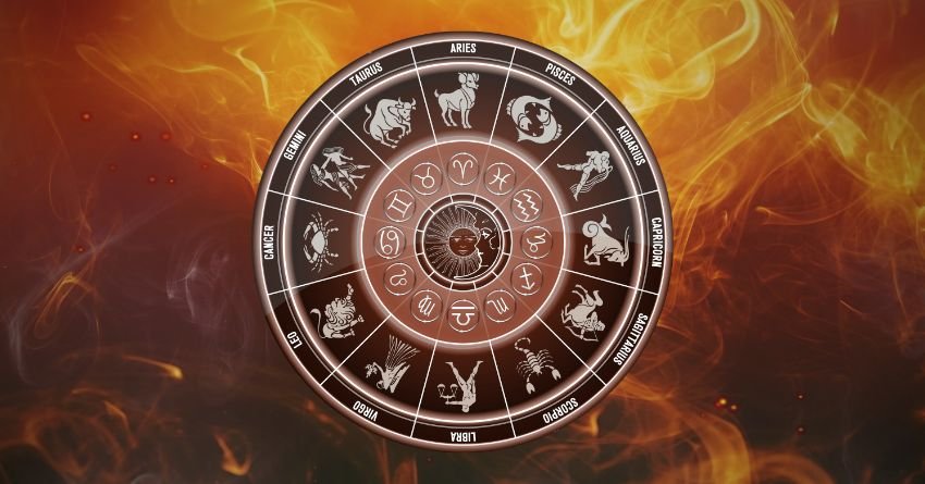 Astrological zodiac wheel surrounded by a dramatic cosmic background