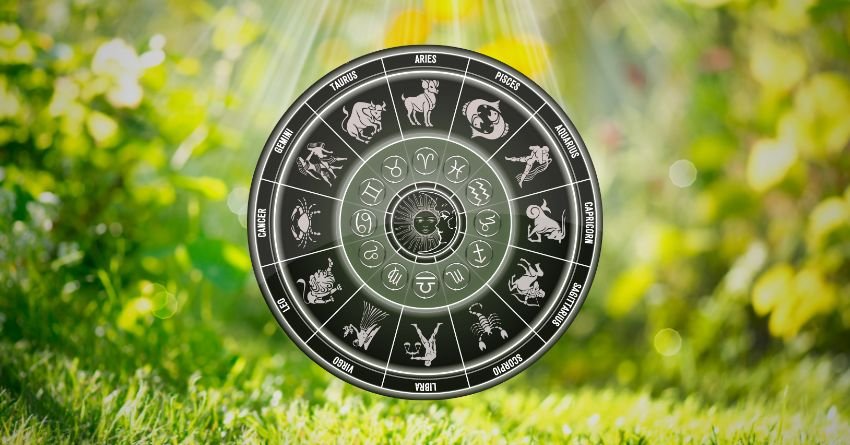 Zodiac wheel with the twelve zodiac signs surrounded by nature