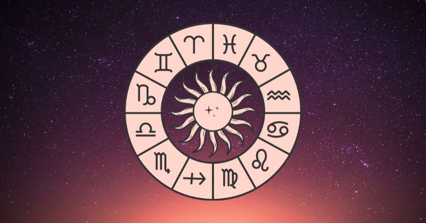 Zodiac wheel with all twelve zodiac signs against a dark purple cosmic background