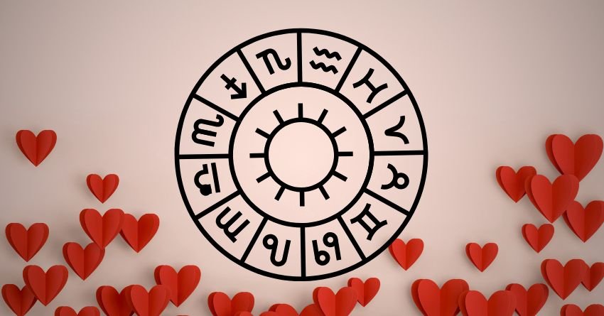 Zodiac wheel with red hearts symbolizing love and a special romantic encounter