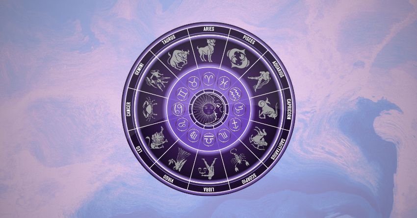 Zodiac wheel surrounded by stars and a mystical purple cosmic background