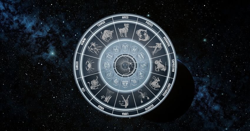 Zodiac wheel surrounded by stars in a dark cosmic background