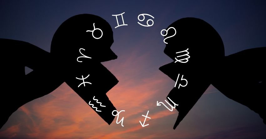 Two silhouetted faces leaning toward each other with zodiac symbols between them against a warm sunset background