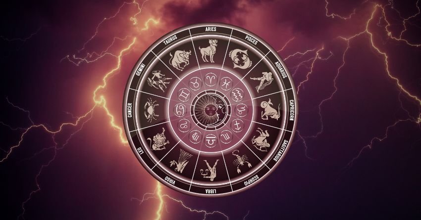Zodiac astrology wheel with glowing zodiac symbols and lightning on a dark purple background