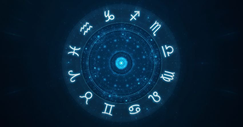 Glowing blue zodiac symbols arranged in a circle on a dark cosmic background