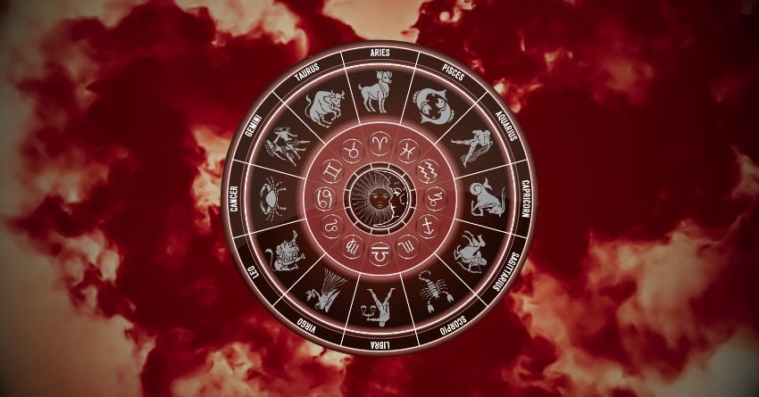 Zodiac wheel surrounded by red clouds representing astrology and the zodiac signs