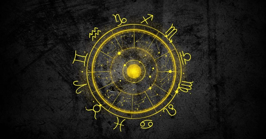 Zodiac wheel with golden astrological symbols on a dark background