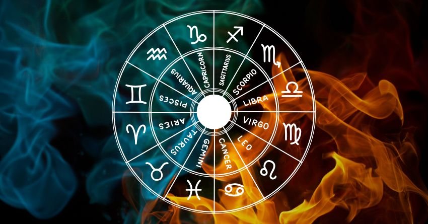Colorful zodiac wheel with blue and orange cosmic energy on a dark background